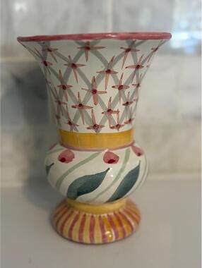 1986 Mackenzie Childs Heather Hand Painted Pottery Vase 7" Taylor Collection
